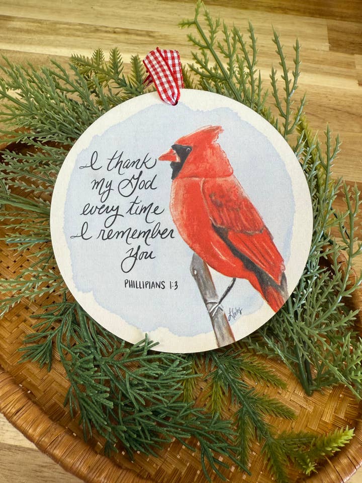Red Bird Wood Ornament for wholesale by Laura Giles Art