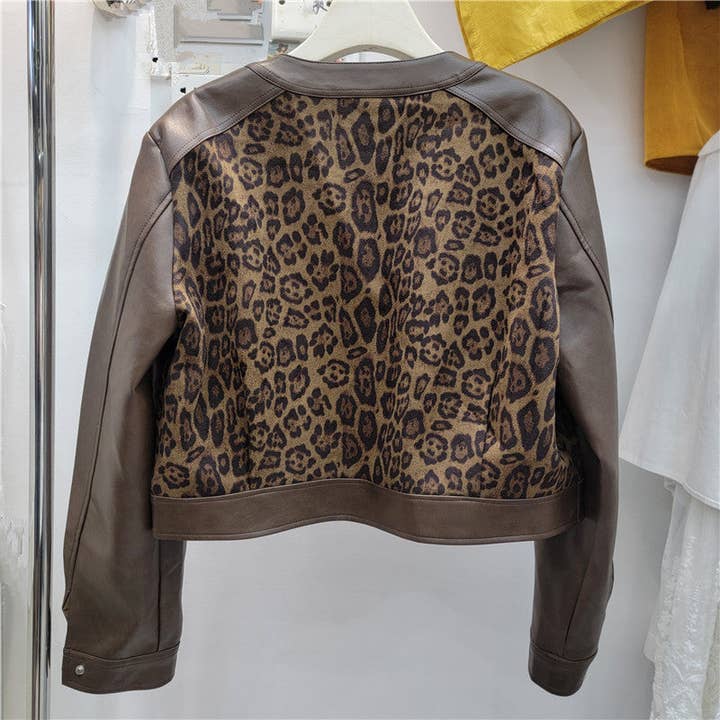 Coffee M290 2025 Fall Women’s Leopard PU Leather Short Jacket for wholesale on Faire1