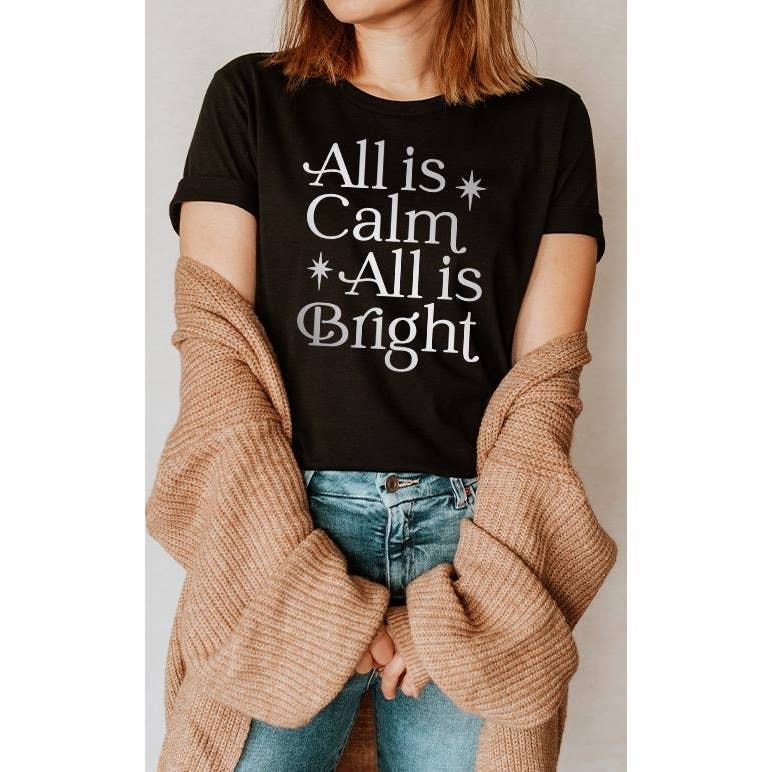Select Apparel - Wholesale Screen Printed T-Shirt - Women's - All is Calm All is Bright Silver Christmas Carol Song Tee0