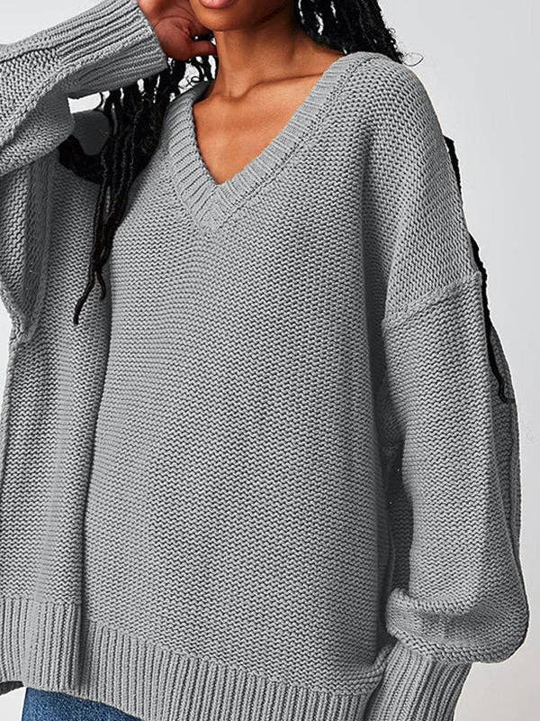 VividLux – wholesale Knitted jumper – Women′s – Long Sleeves Loose Solid Color Velvet V-Neck Pullovers Sweater Tops9