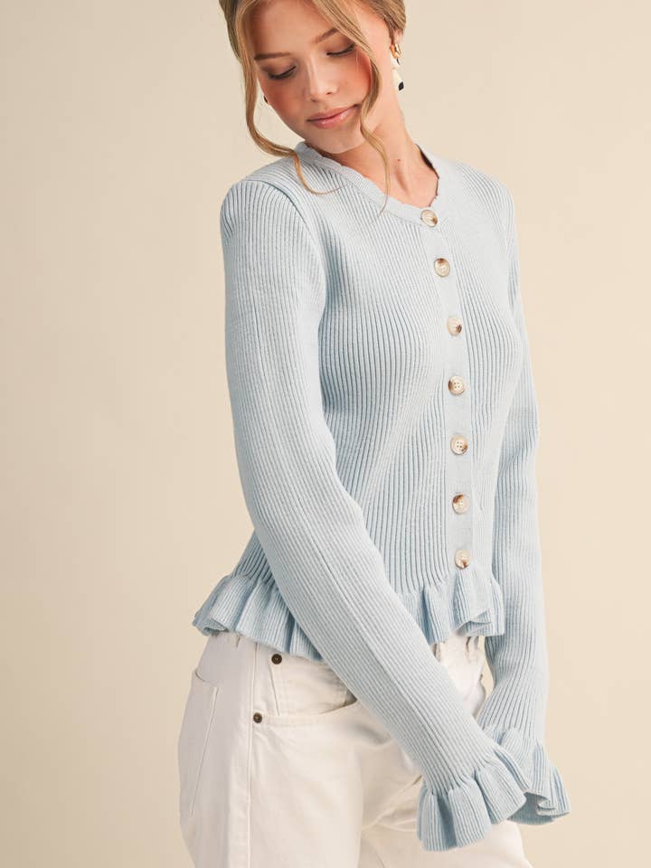 &MERCI - Wholesale Cardigan - Women's - RUFFLE HEM RIBBED KNIT SWEATER CARDIGAN MSW112492