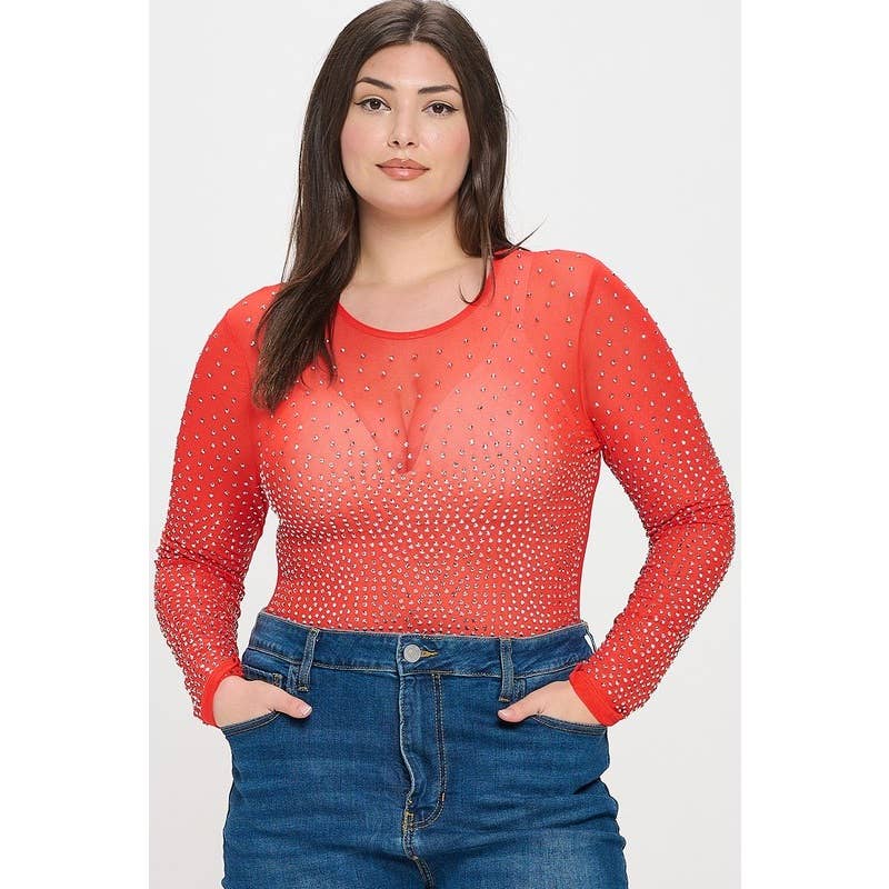 Curve Market - Wholesale Bodysuit - Women's - PLUS SIZE RHINESTONE STUDDED MESH BODYSUIT4