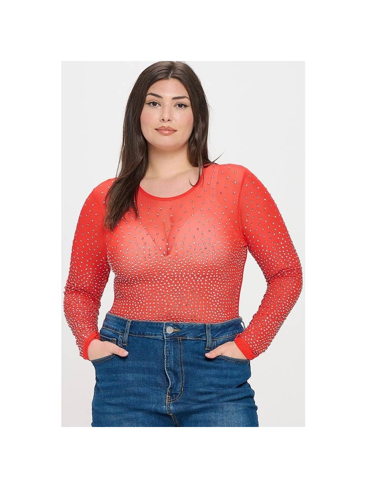 Curve Market - Wholesale Bodysuit - Women's - PLUS SIZE RHINESTONE STUDDED MESH BODYSUIT4