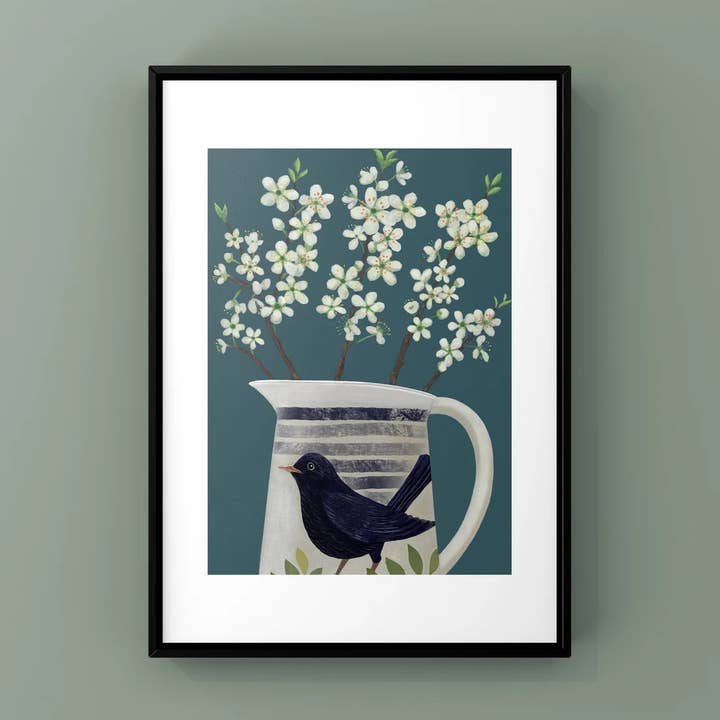 Blossom in Blackbird Jug Print for wholesale by Susie Hamilton Art