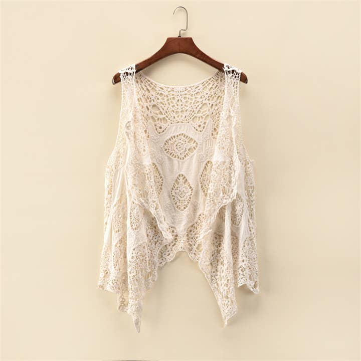 Rosa Clothing - Wholesale Cardigan - Women's - Sleeveless Hollow Jacquard Lace Cardigan