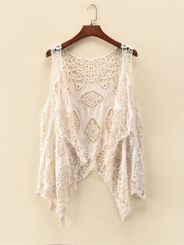 Sleeveless Hollow Jacquard Lace Cardigan for wholesale by Rosa Clothing