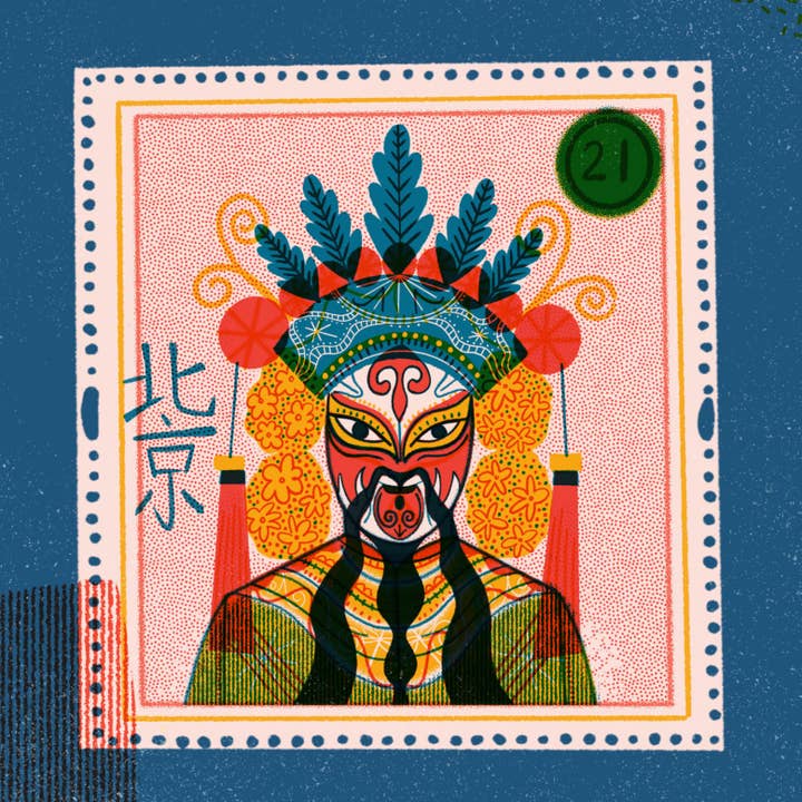 Beijing Opera Masc Performer Risografie, Kunstdruck, 25 x 25 cm für den Großhandel von Rhi Moxon Illustration