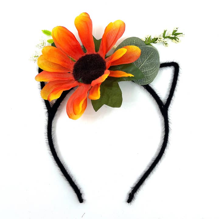 Floral Cat Ears Headband - Sunflower & Black for wholesale by Restrained Grace