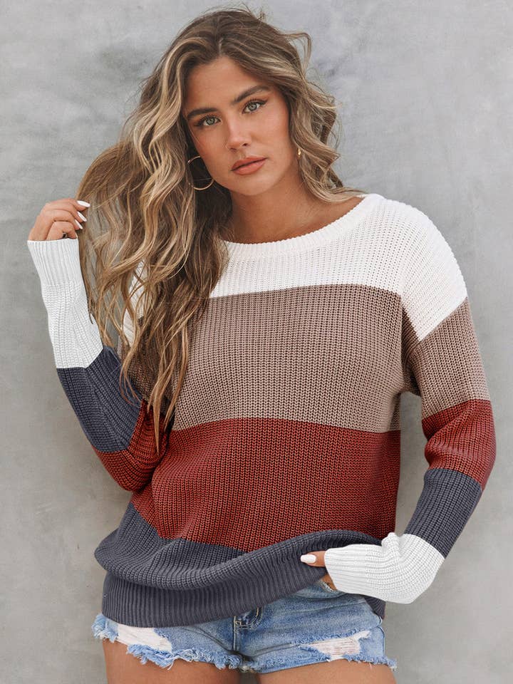Colorblock Stripe Round Neck Pullover Sweater for wholesale by PRETTY BASH