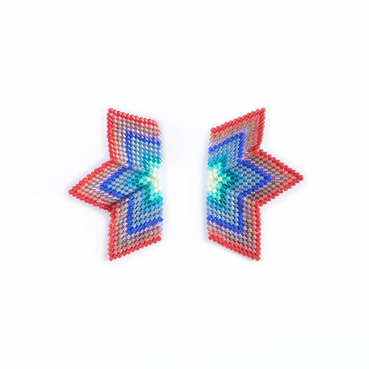 Mayana Designs Co - Wholesale Dangle Earrings - Beaded Handwoven Medium Half Star Earrings (Blue/Pink)