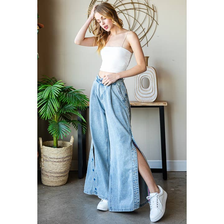 WASHED WIDE LEG FLARED PALAZZO DENIM PANTS for wholesale on Faire