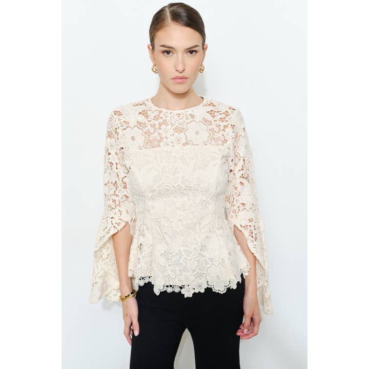 Floral Lace Slitted Long Sleeves Blouse Woven Top for wholesale by INA