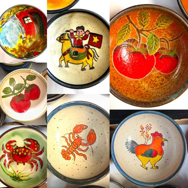 Stoneware Bowls, hand-painted in Vietnam by deaf/non verbal artisans, ~4" diameter for wholesale by Wooven