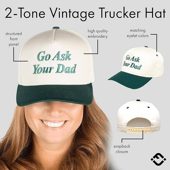 Funky Junque - Wholesale Trucker Hat - Women's - Two Tone Cap - Go Ask Your Dad - Beige/Green2