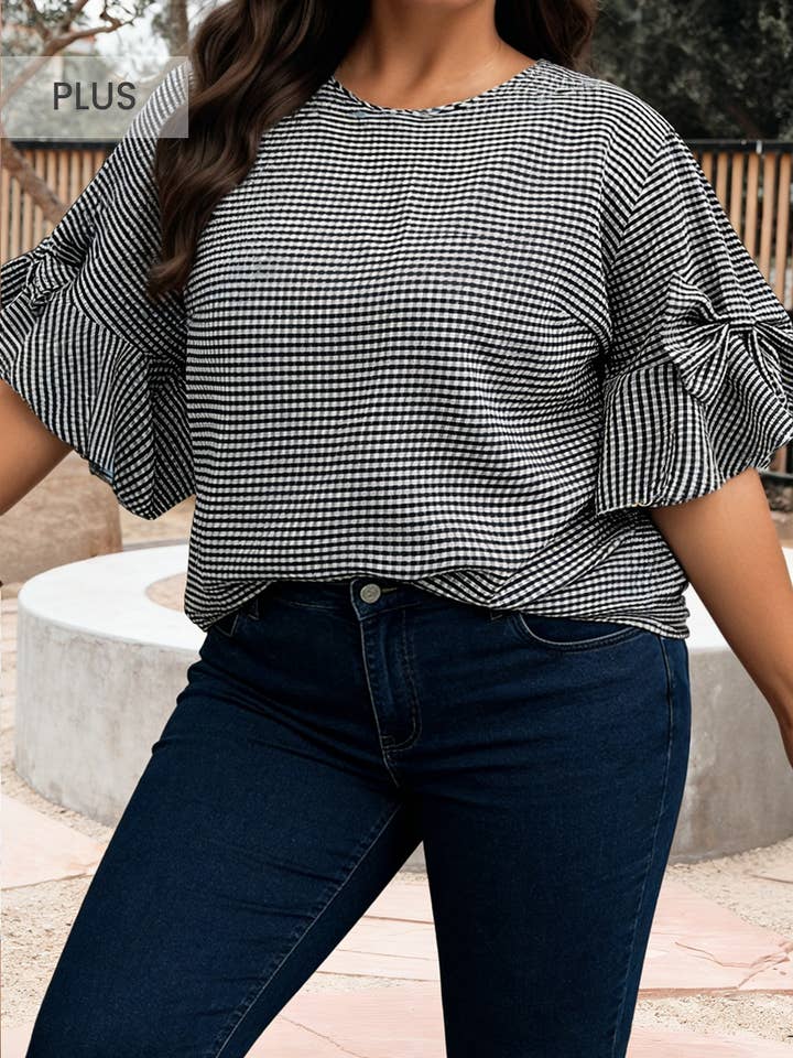 Pull à col rond, manches cloche, décor nœud à carreaux, grande taille pour la vente par 66DISCO