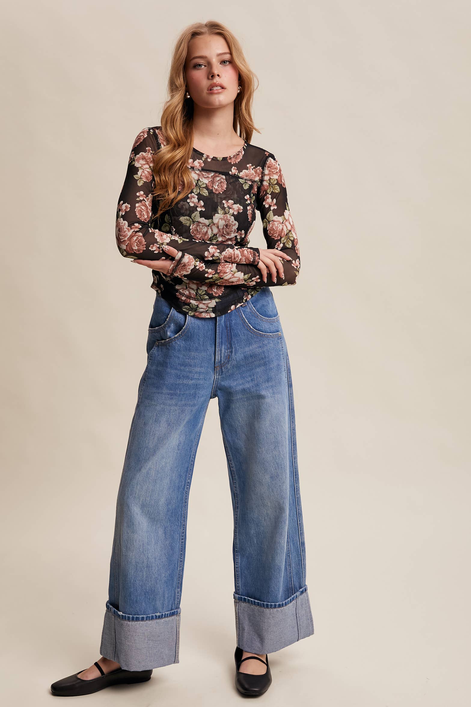 Listicle - Wholesale T-Shirt - Women's - Floral Mesh Long Sleeve Layering Top46