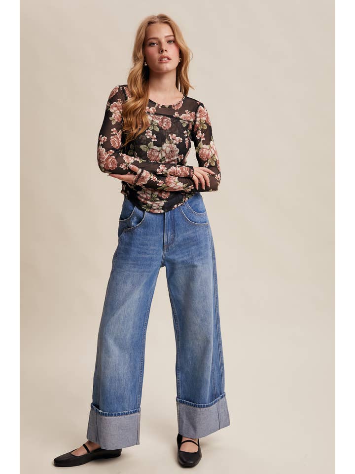 Listicle - Wholesale T-Shirt - Women's - Floral Mesh Long Sleeve Layering Top46