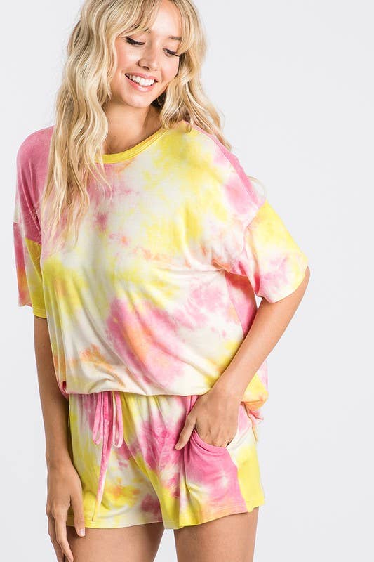 Yellow Pink Tie-Dye High-Waisted Lounge Shorts, WP9465 for wholesale on Faire7