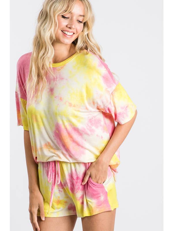 Yellow Pink Tie-Dye High-Waisted Lounge Shorts, WP9465 for wholesale on Faire7