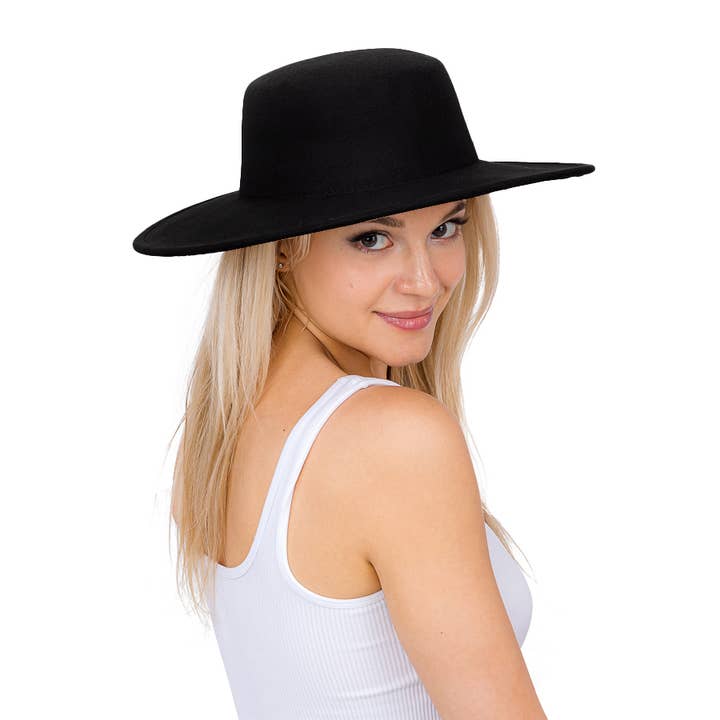 Cap Zone - Wholesale Boater Hat - Unisex - Simplistic Plain Rancher Flat Top Wide Brim Felt Boater Hat