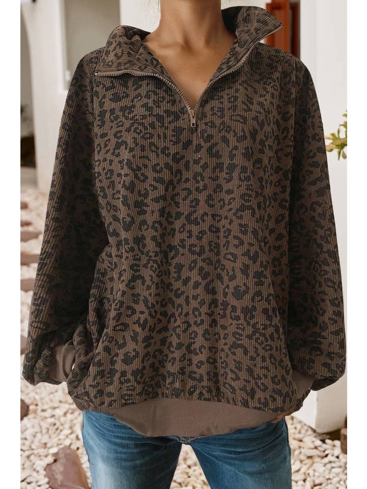 Little Daisy Closet - Wholesale Sweatshirt - Women's - LDC Leopard Print Quarter Zip Corduroy Sweatshirt1