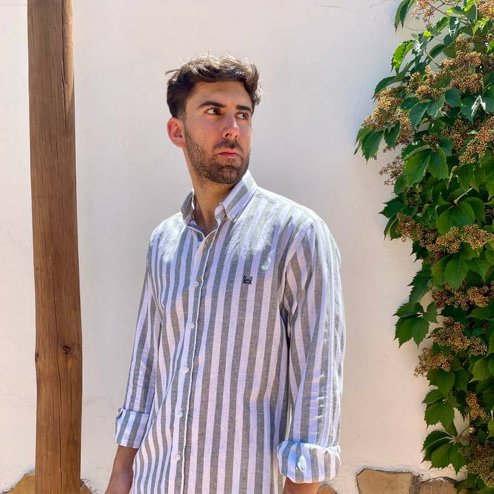 Khaki Green Striped Linen Shirt | Baza for wholesale by Custi Mikelo: Men's Clothing & Christmas Gifts