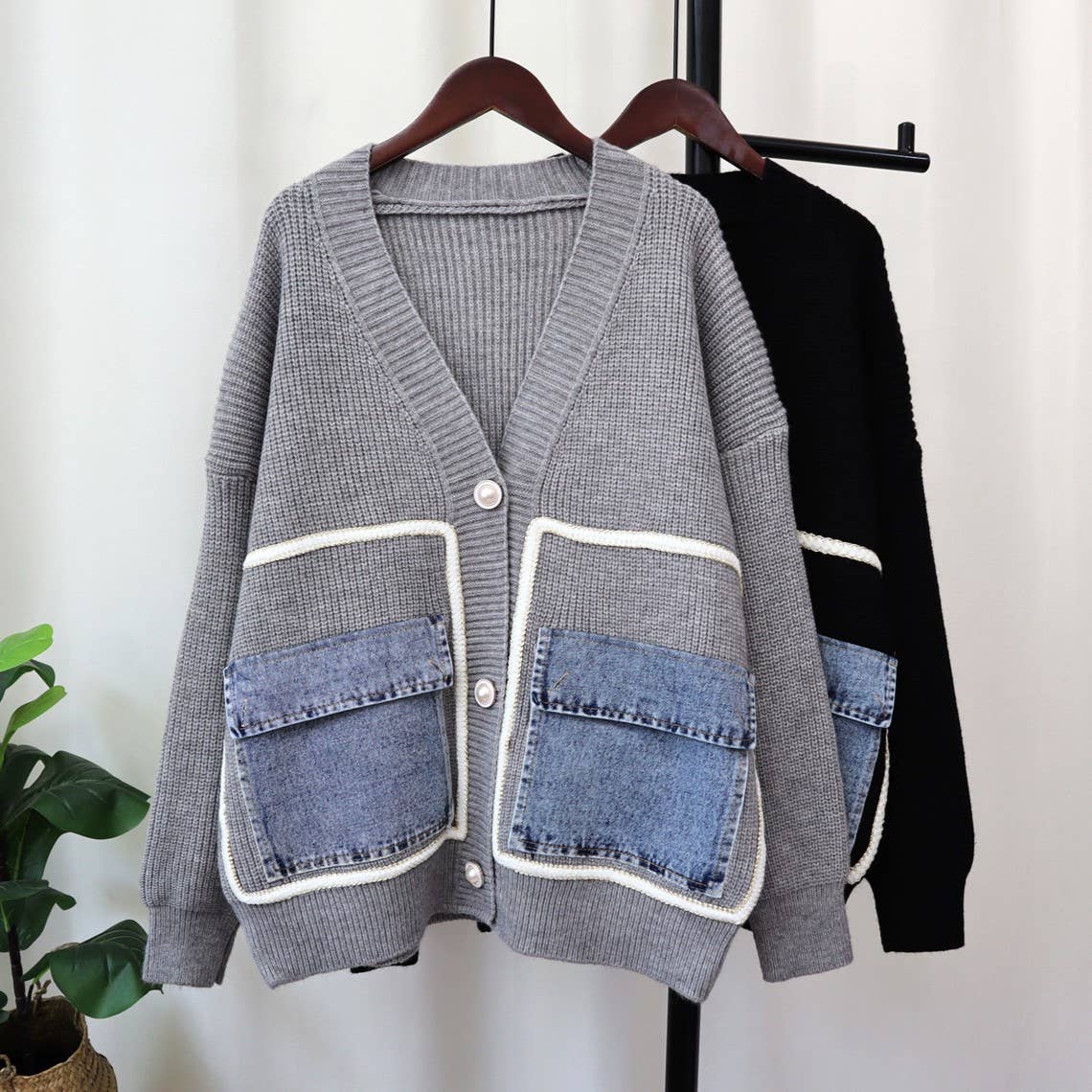 HIDDENBRAND - Wholesale Cardigan - Women's - Elegance Vintage Denim Pockets Sweater Cardigan7