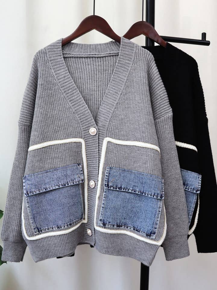 Elegance Vintage Denim Pockets Sweater Cardigan and other Purchase Wholesale cardigan sweater with denim on it. Free Returns & Net 60 Terms on Faire trending on Faire.