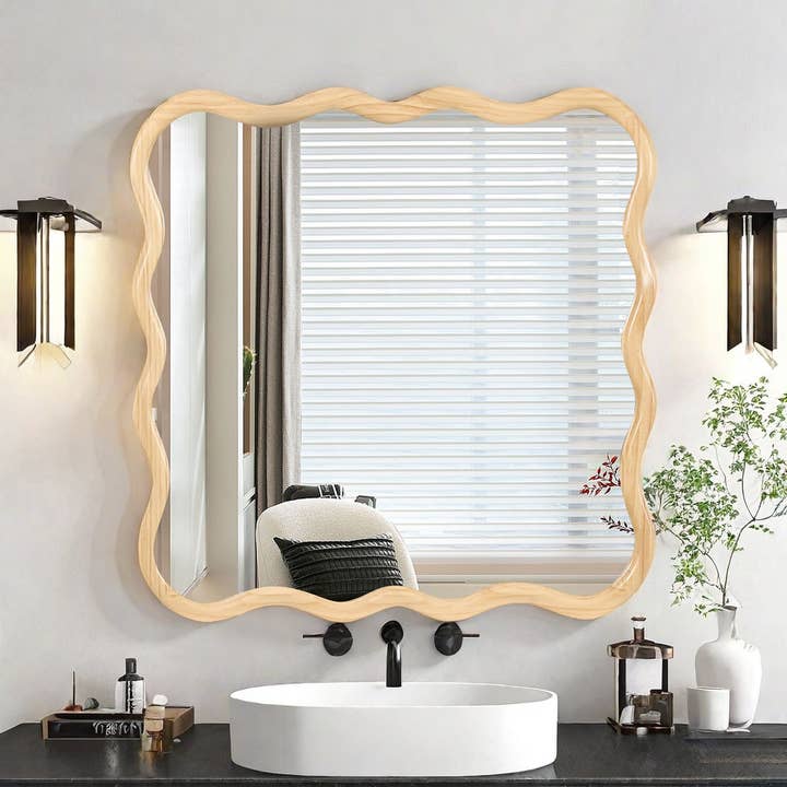 Orange County Decor - Wholesale Wall Mirror - Solid Wood Wavy Square Mirror Natural Wood 36" X 36" Modern Mirror Wall Decor For Bathroom, Bedroom, Living Room, Dining Room, Cloakroom, Entryway Natural Wood Glass Solid Wood2
