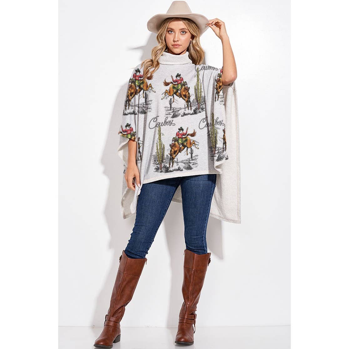 Phil Love - Wholesale Poncho - Women's - Rodeo cowboy print turtle neck poncho1