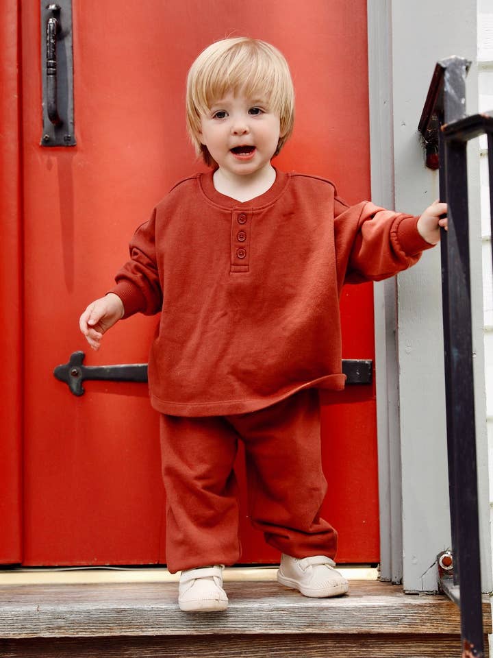 French Terry Henley Toddler Set in Henna for wholesale by Winnie + Crew