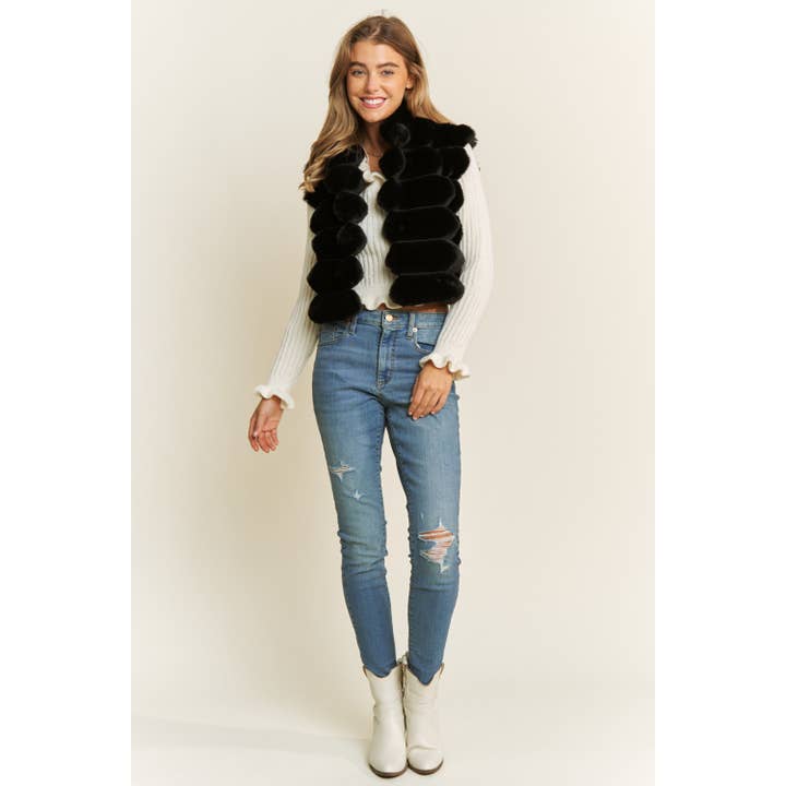 Sweet Generis - Wholesale Jacket - Women's - CROP STRIPE FUR HIGH NECK OPEN FRONT PUFFER VEST4