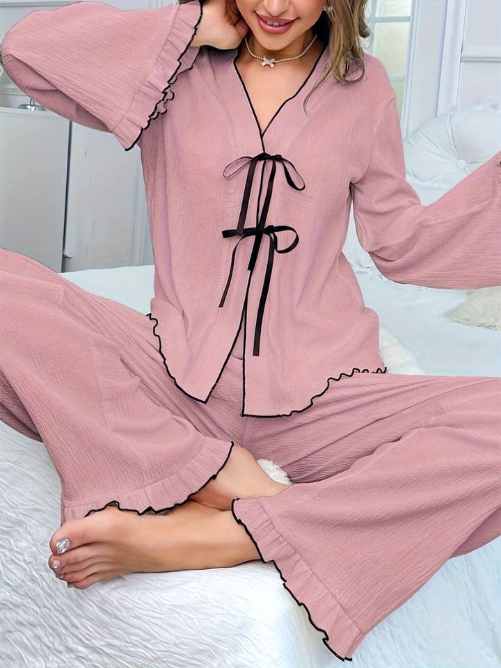 Lace-up ruffled long-sleeved pants loungewear pajama set for wholesale by HIDDENBRAND