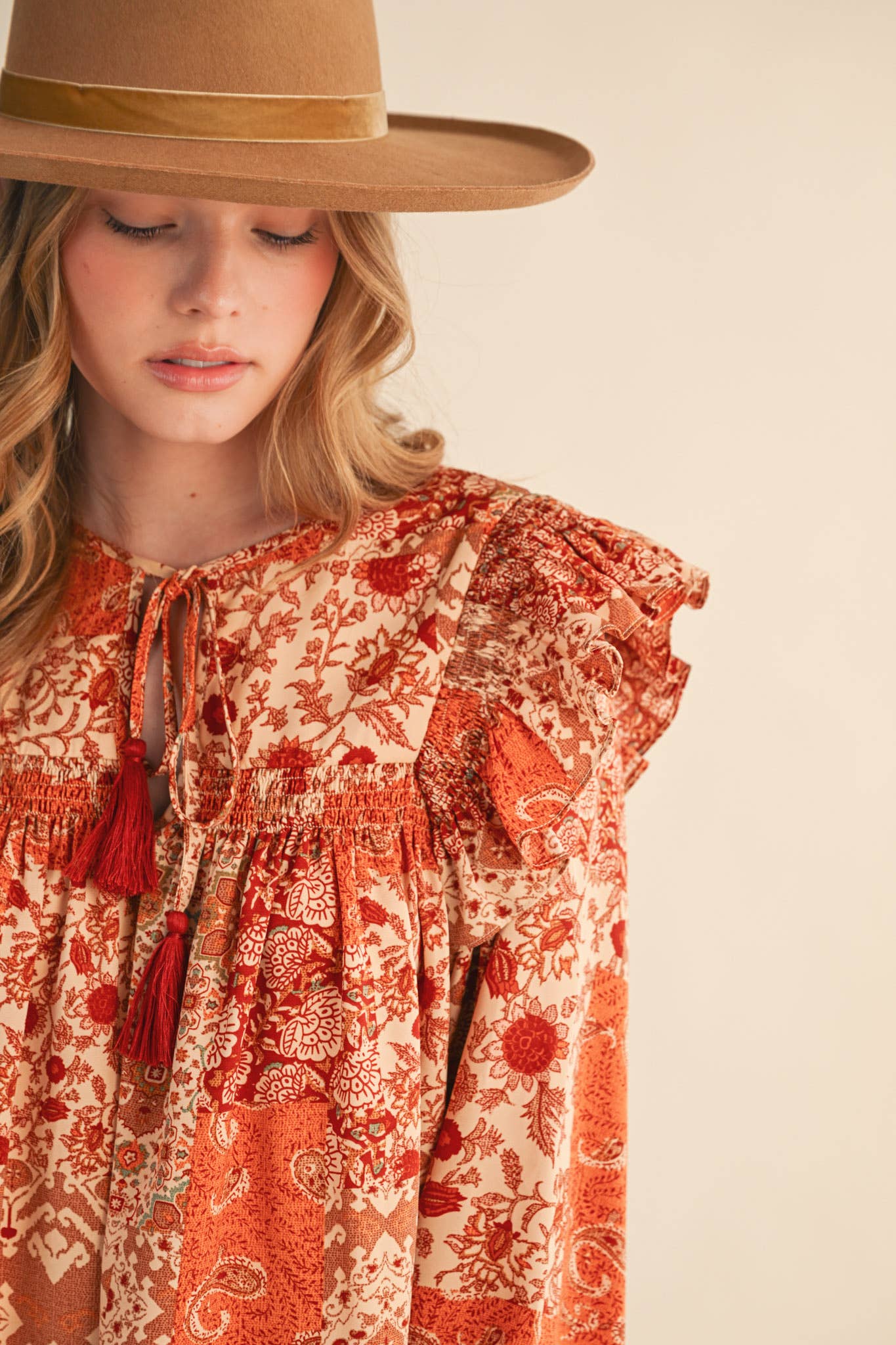 &MERCI - Wholesale Blouse - Women's - PATCHWORK PRINT SMOCKED RUFFLE BLOUSE MTP435016