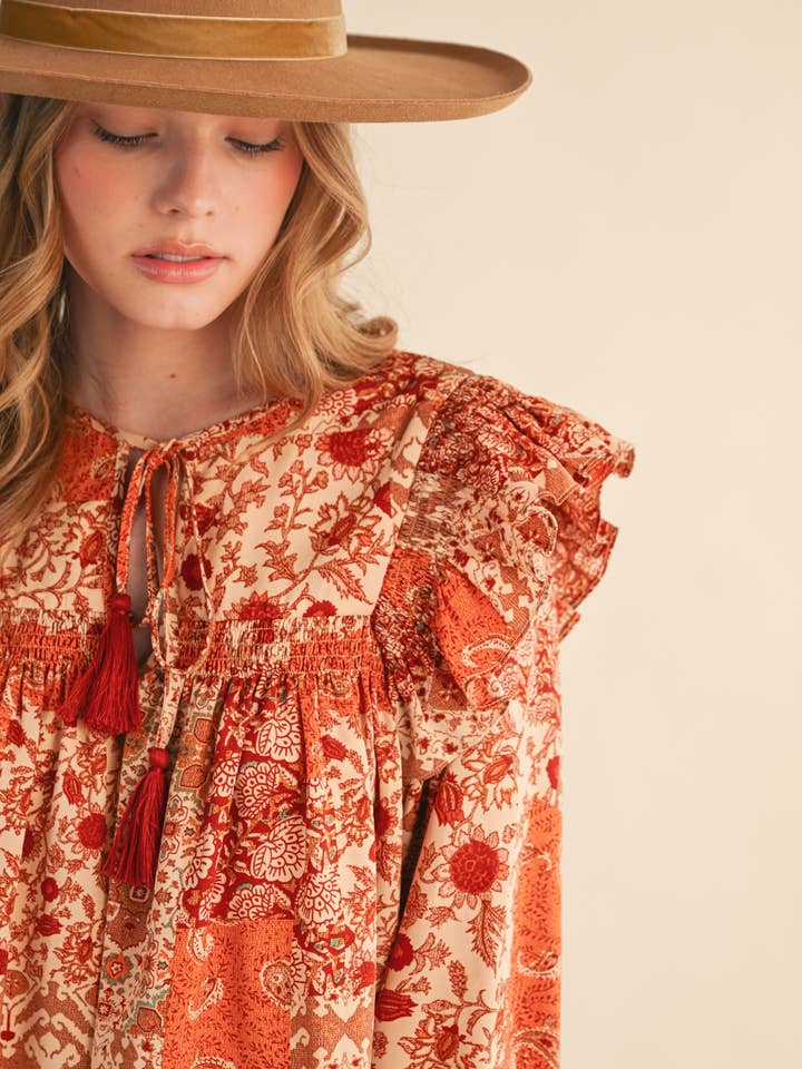 &MERCI - Wholesale Blouse - Women's - PATCHWORK PRINT SMOCKED RUFFLE BLOUSE MTP435016