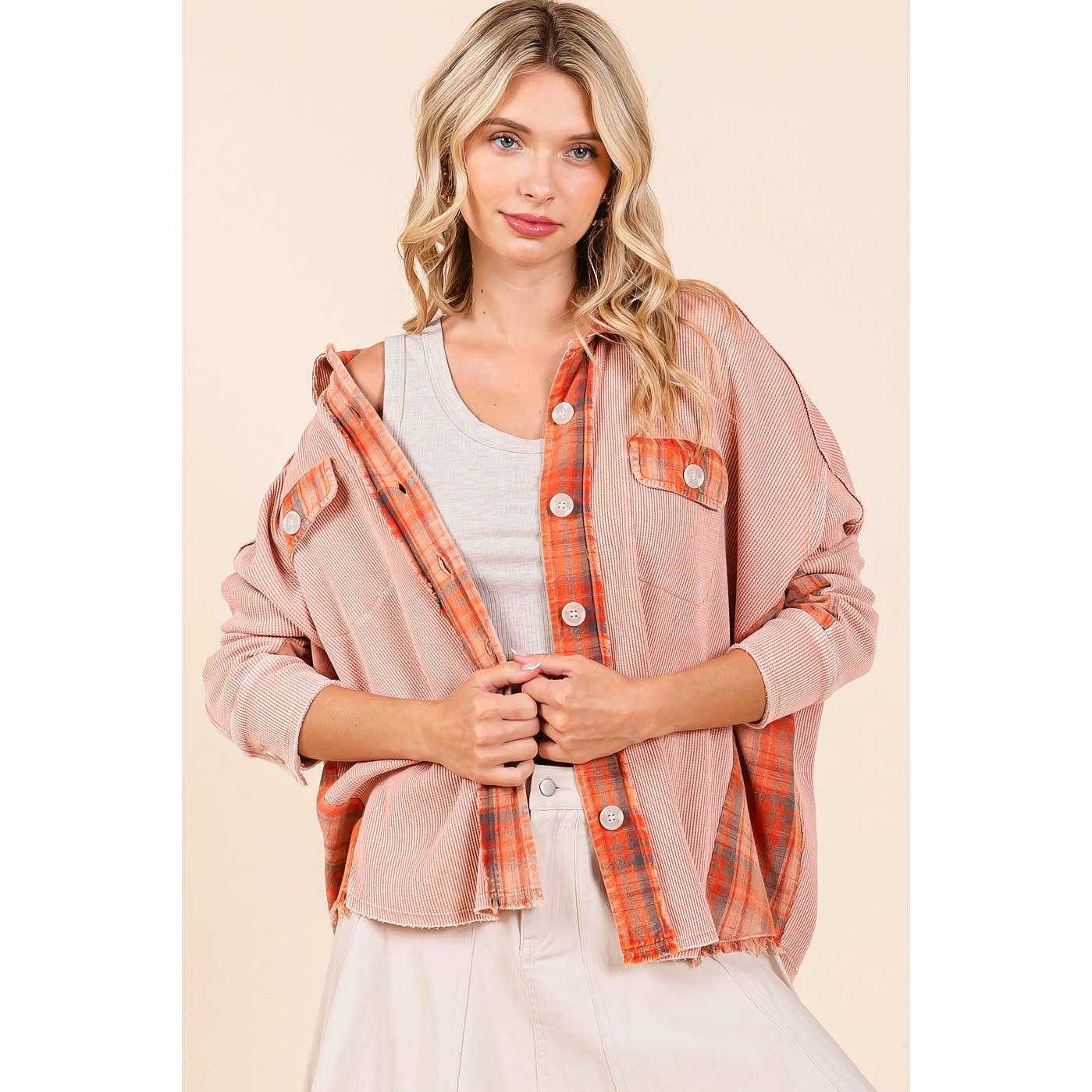 mittoshop - Wholesale Shirt Jacket/Shacket - Women's - MINERAL WASH PLAID CONTRAST WAFFLE KNIT SHACKET0