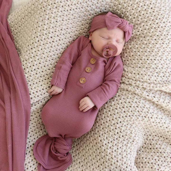 Boysenberry Bamboo Waffle Newborn Baby Knot Gown & Hat Set for wholesale by Caden Lane