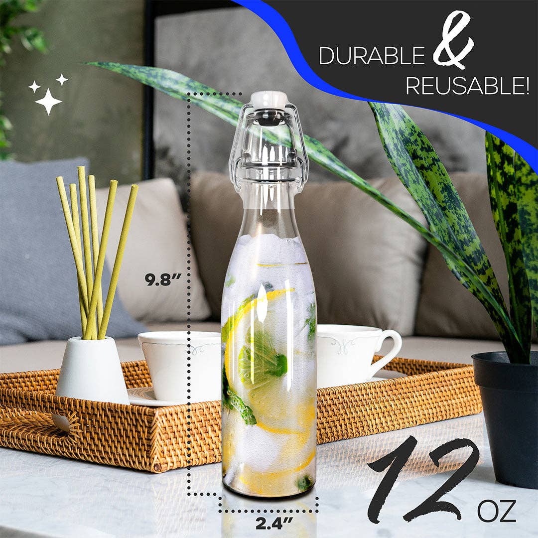 Nevlers - Wholesale Milk/juice bottle - Nevlers 12 oz Round Swing Top Glass Bottles (Pack of 12) | Includes Funnel, Brush and Marker2