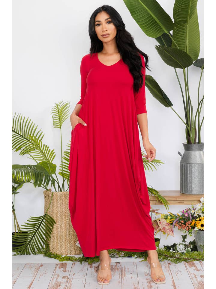 H&H Fashion Inc. - Wholesale Dress - Women's - HH645R-SOLID - 3/4 Sleeve Maxi Dress