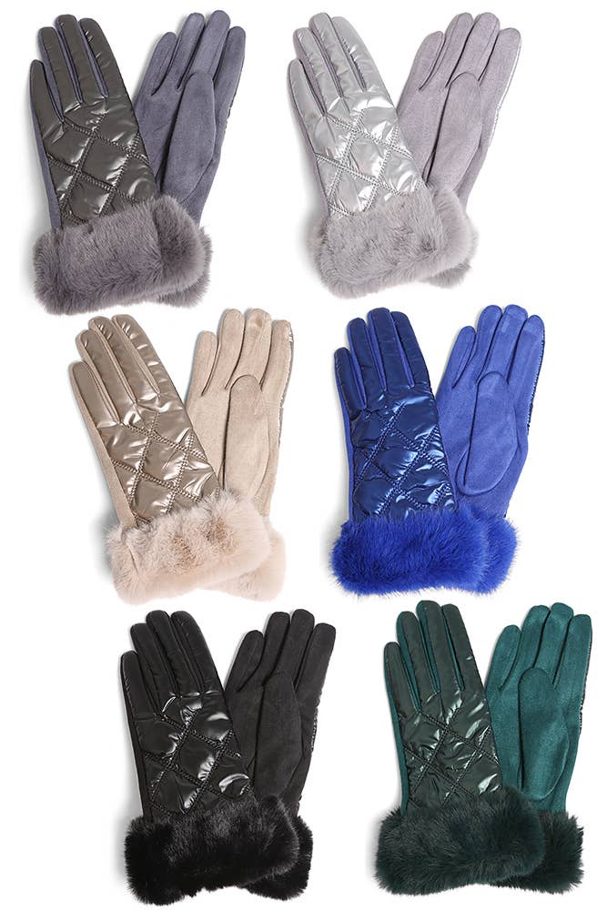 Hana – Engroshandel Handsker - Dame – Skinnende quiltede handsker med imiteret pels manchetter0