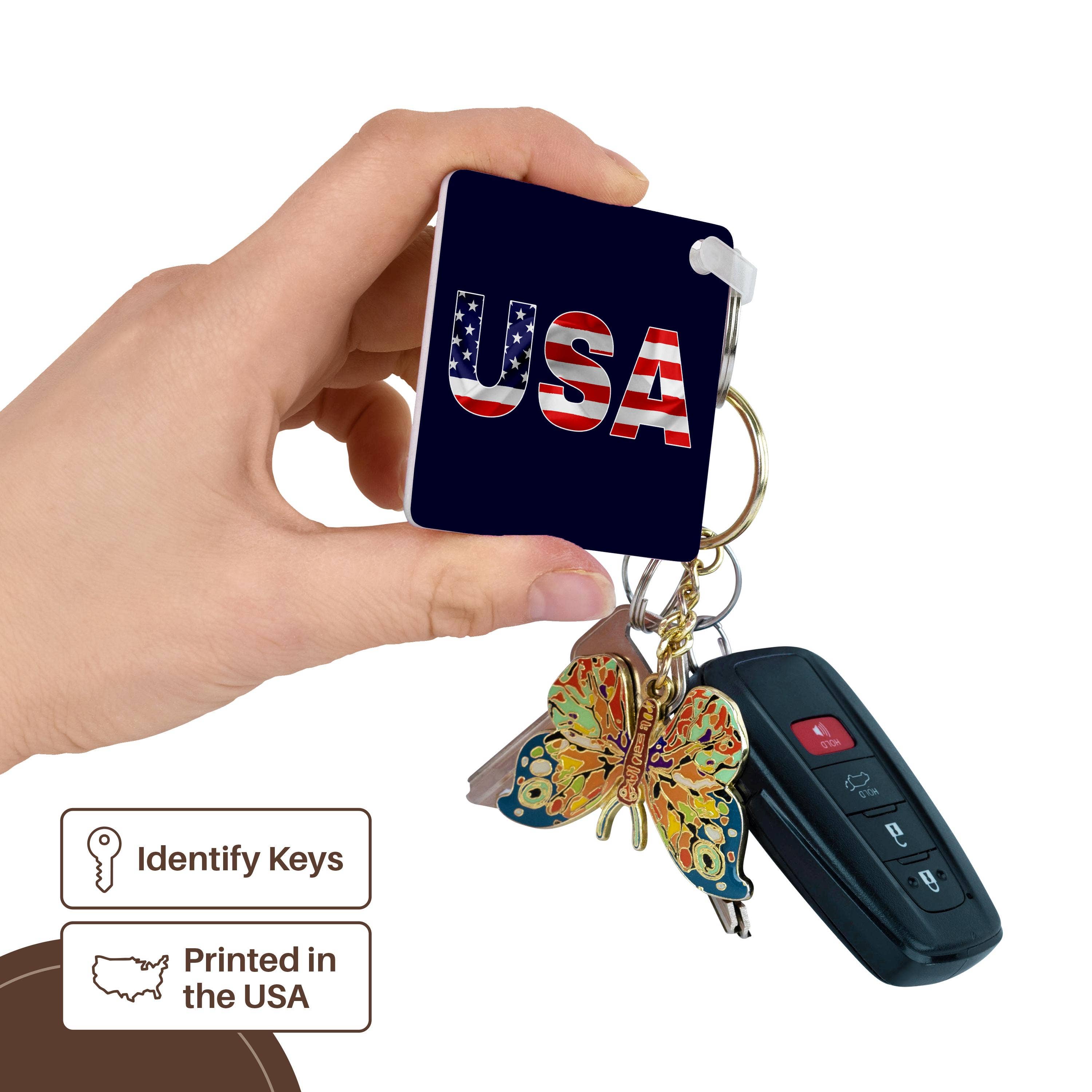 3dRose – wholesale Keychain – Unisex – 3dRose, USA text, the American Flag over the letters. Blue background, Key Chain2