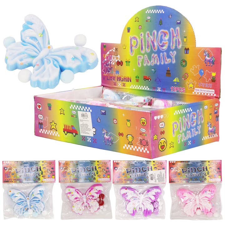 ASSORTED Butterfly Sequins Mochi Pom Pom Squishy Bag for wholesale on Faire