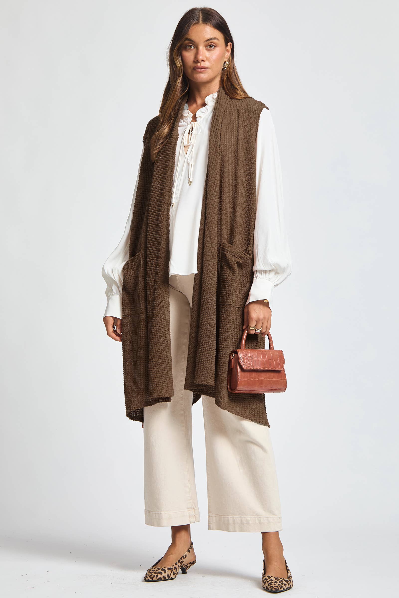 Dear Scarlett - Wholesale Outerwear Vest - Women's - Sleeveless Crochet Midi Vest Cardigan7