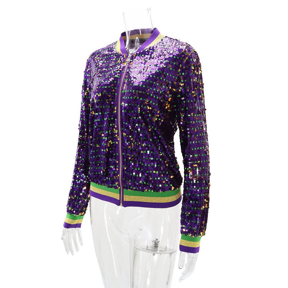 Purple Striped trim party sequins bomber jacket for wholesale on Faire5