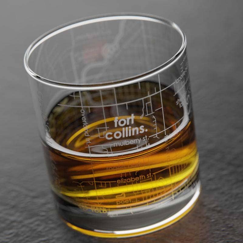 Well Told - Wholesale Cocktail/Liquor Glass - Fort Collins, CO City Map - Etched Whiskey Rocks Glass2