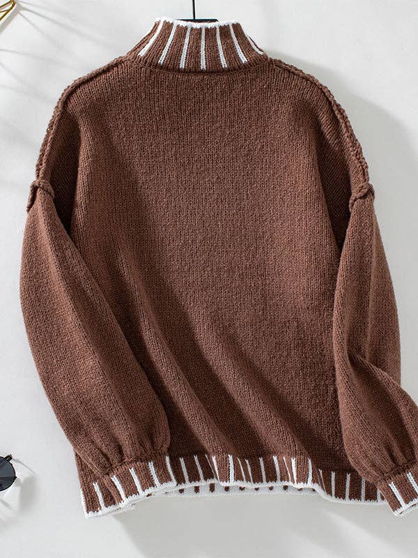 Sheer Trend – Engroshandel Pullover - Dame – Lange ærmer Løs kontrastfarve Split-joint Pullovere med høj hals Sweatertoppe3