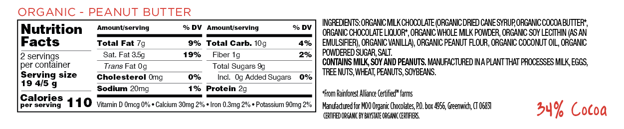 MOO Organic Chocolates - Wholesale Chocolate Bar - Organic Peanut Butter & Milk Chocolate Large Bar,  1.4 oz3