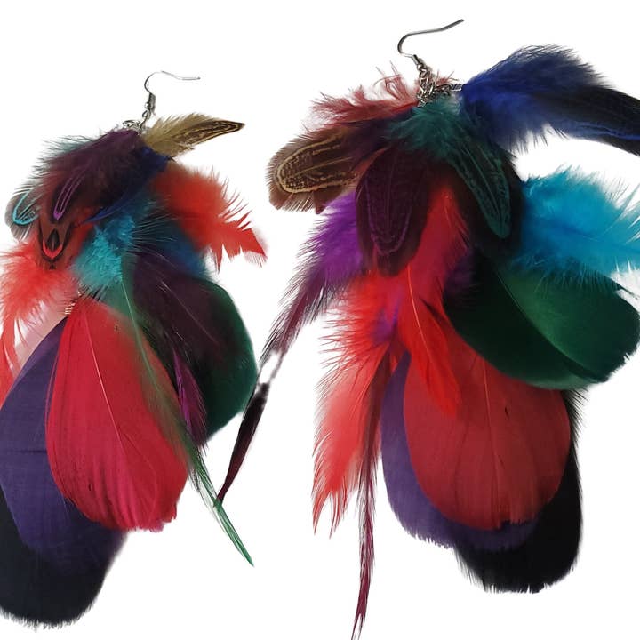 Colorful Feather Earrings, Bohemian Festival Style Dangles for wholesale by Everything's Right Designs