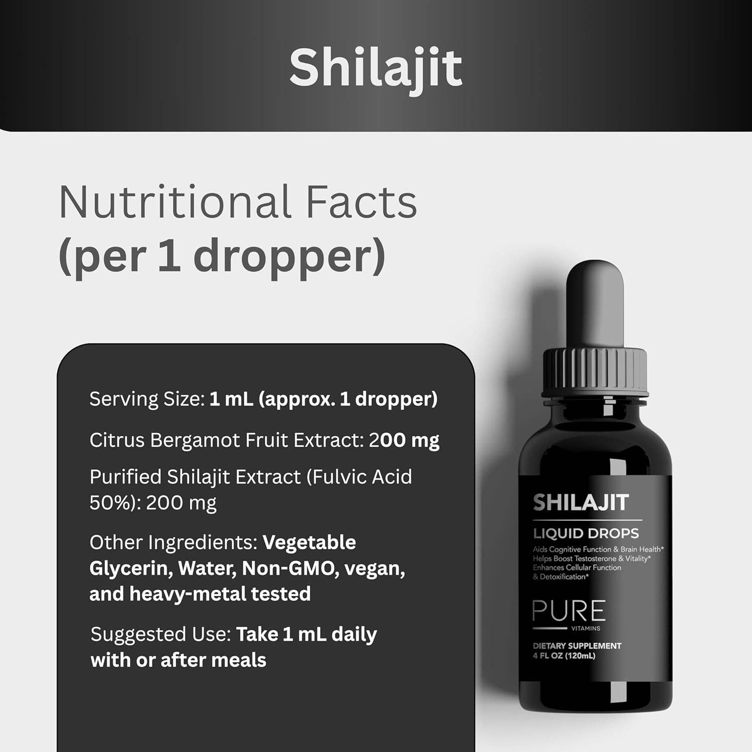 pure Vitamins - Wholesale Oral Supplement/Vitamin - Pure Vitamins Shilajit Liquid Drops 2000mg – 4 fl oz,120ml3