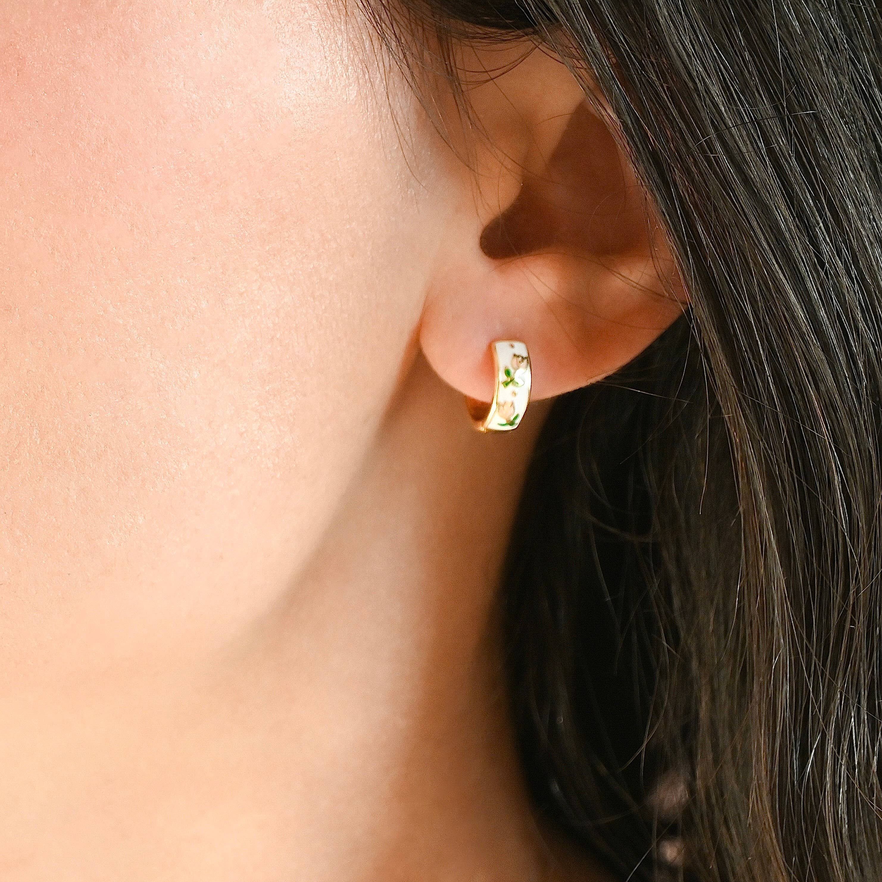 Blueyejewelry - Wholesale Huggie Earrings - Gold Enamel Flower Hoop Earrings-Vintage Style Silver Hoops4